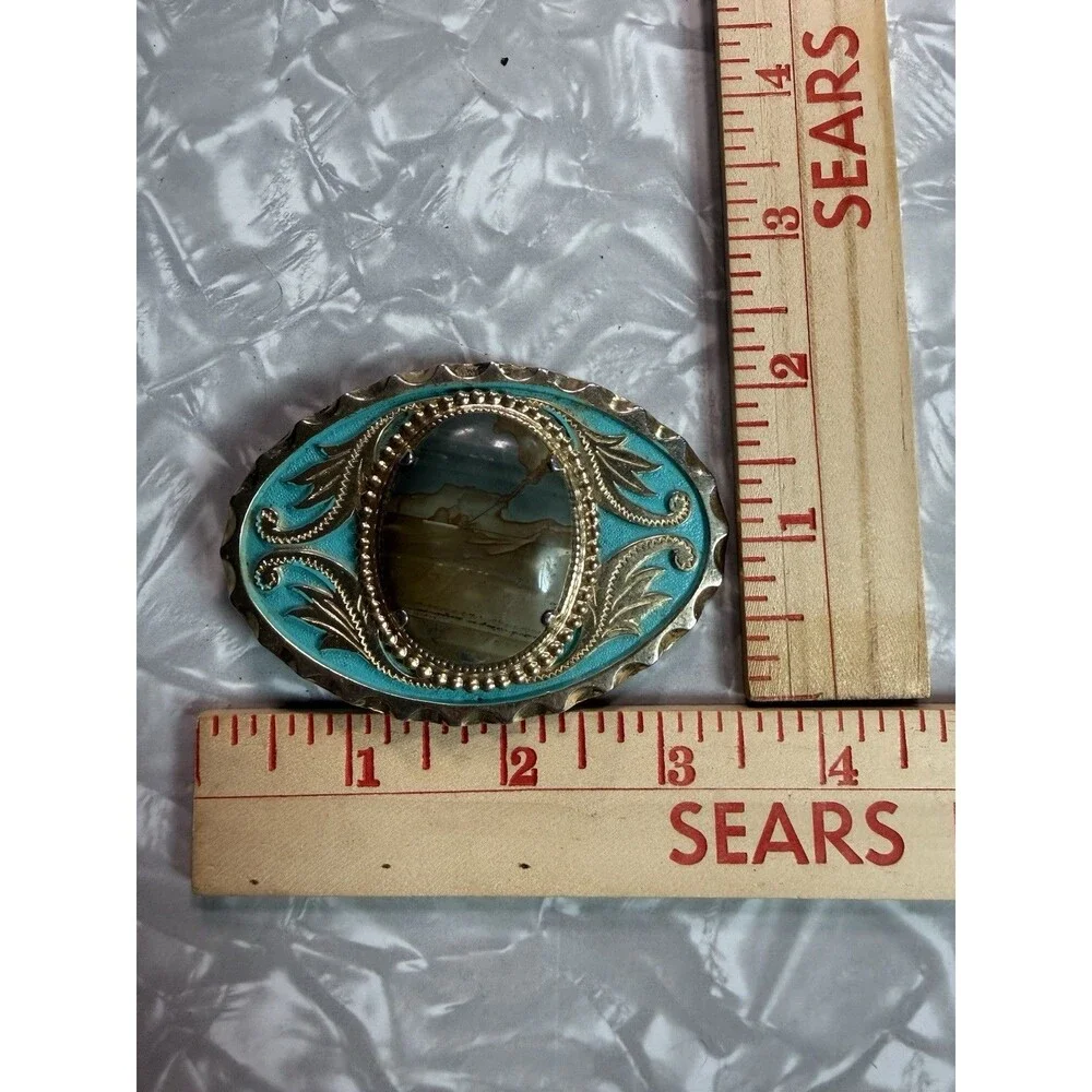 Vintage Brass Stone Teal Enamel Oval Belt Buckle Western Bolo Cowboy